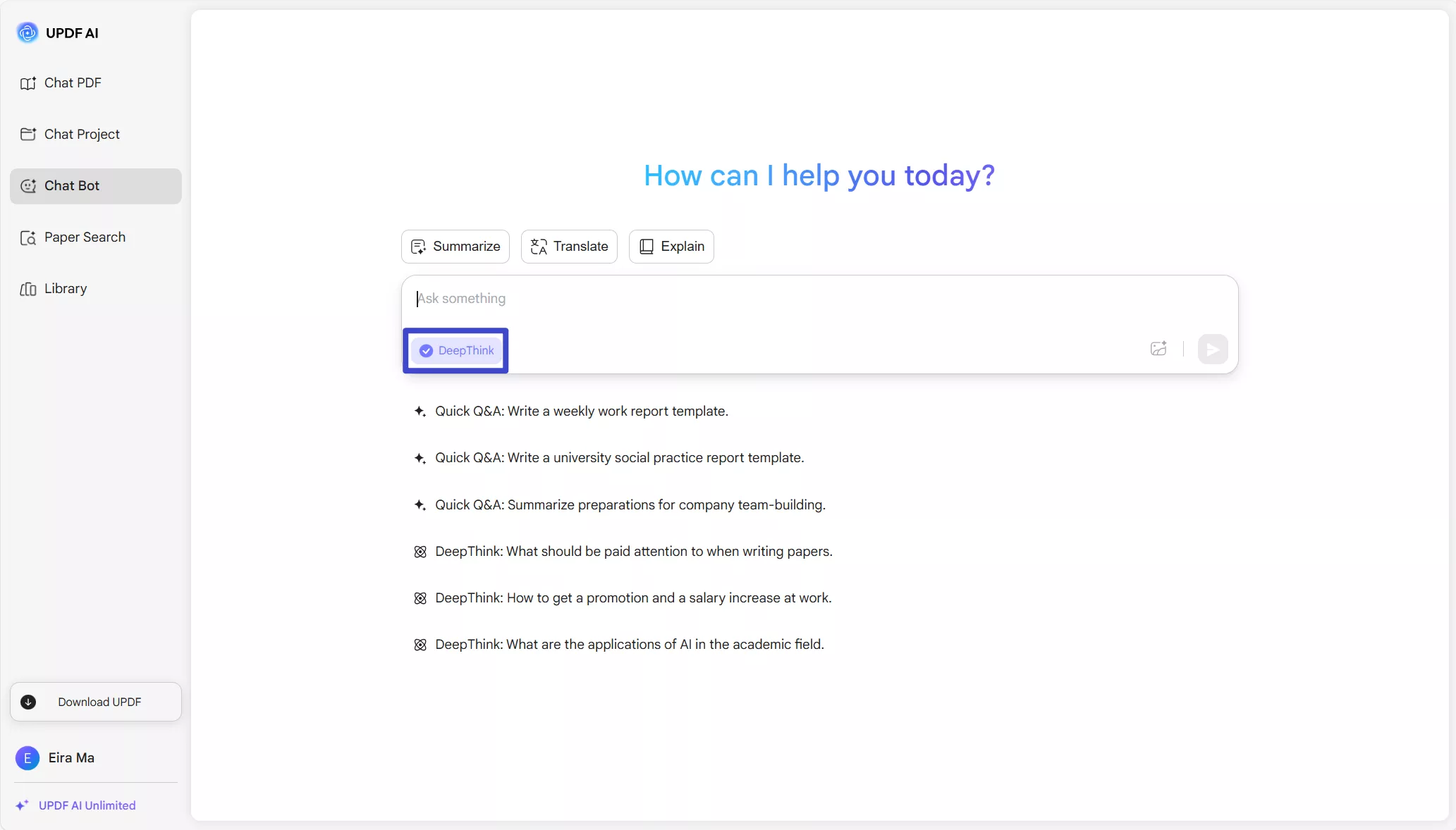 search in deepseek mode updf ai online