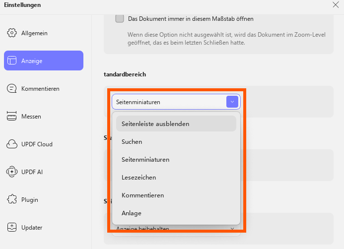 Standard-Einstellungen für das linke Fenster updf windows