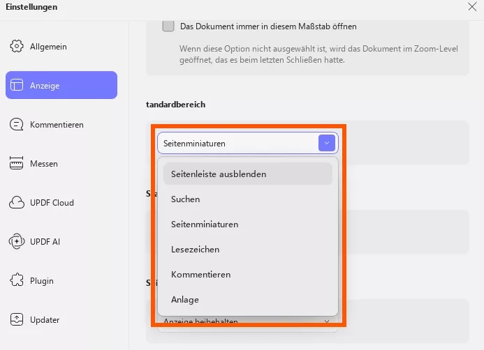 Standard-Einstellungen für das linke Fenster updf windows
