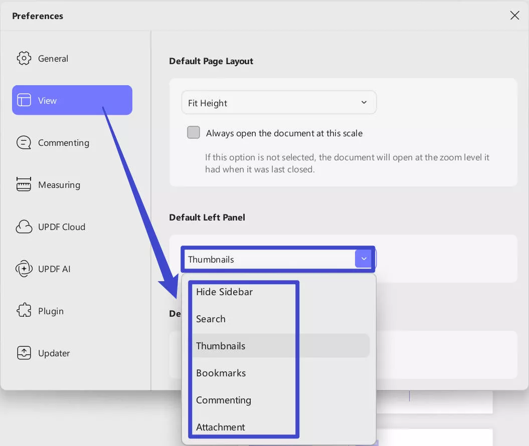 default left panel settings updf windows