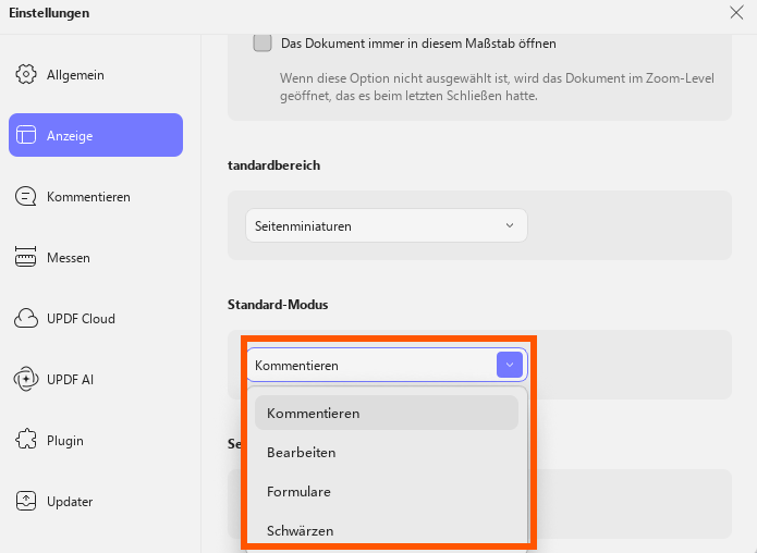 Standardeinstellungen für den Standardmodus updf Windows