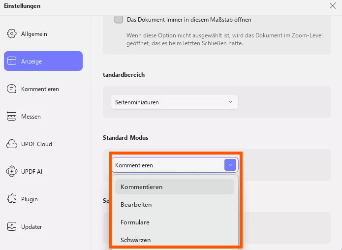 Standardeinstellungen für den Standardmodus updf Windows