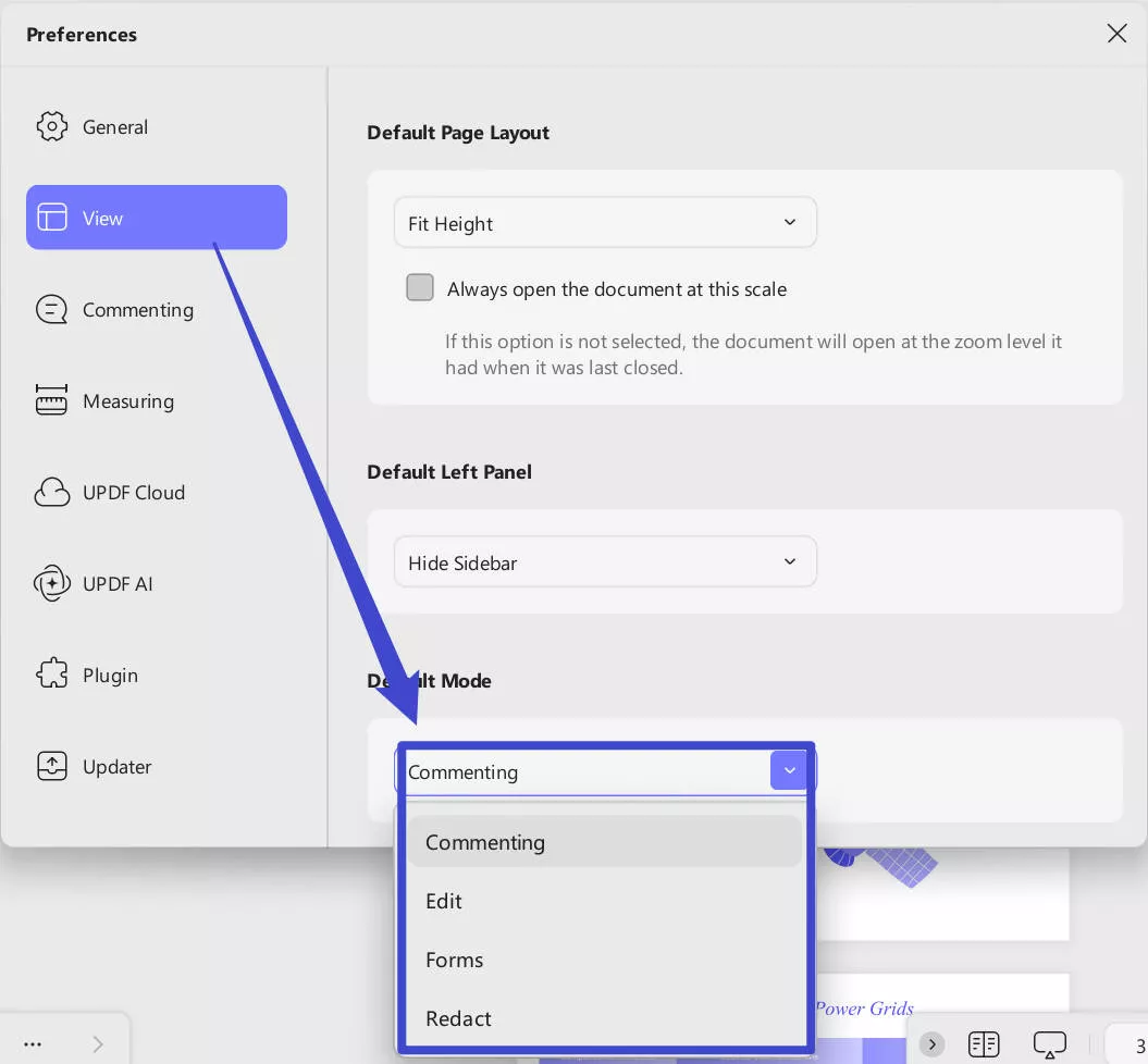 default mode settings updf windows
