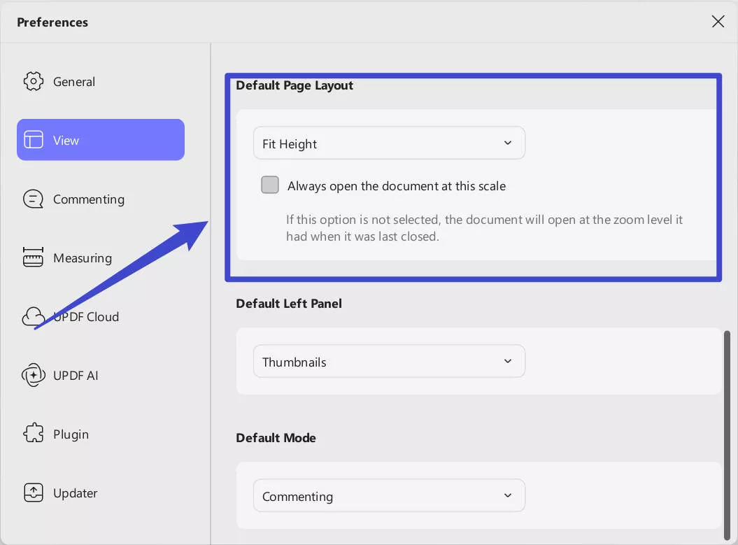 default page layout settings updf windows 2