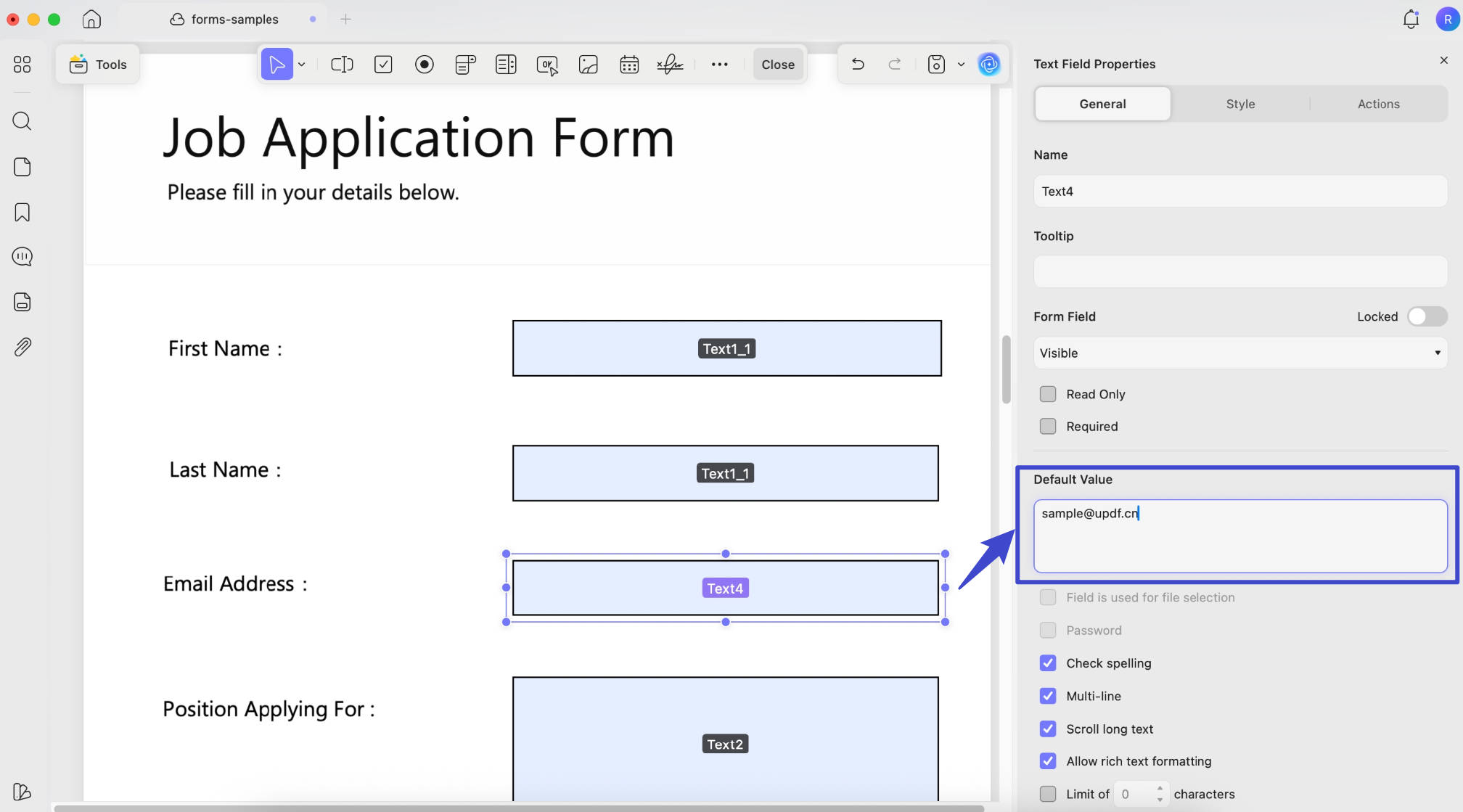 default value for text field updf mac