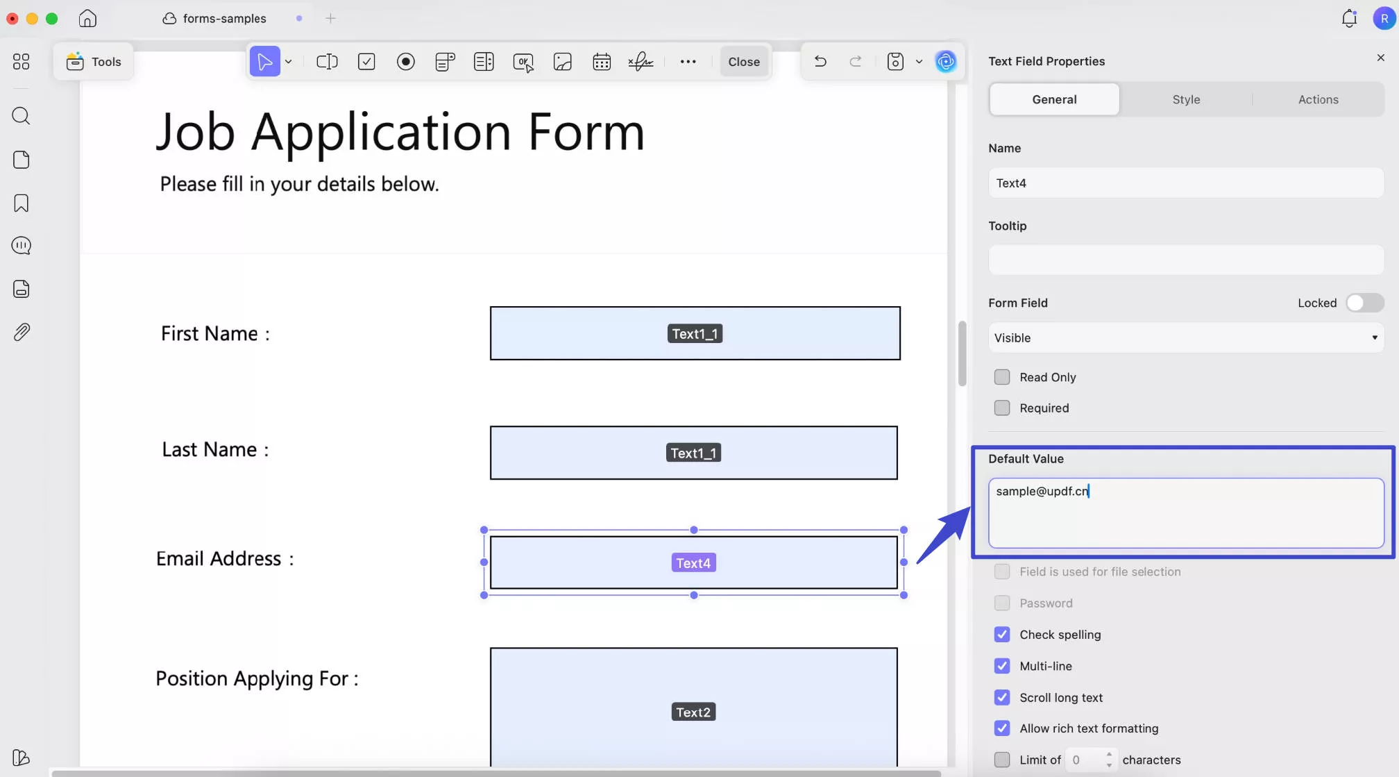 default value for text field updf mac