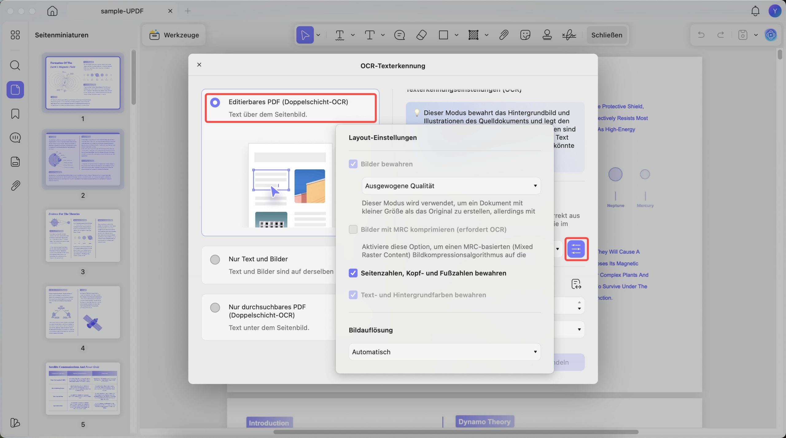 Bearbeitbare OCR-PDF-Einstellungen für Updf Mac definieren