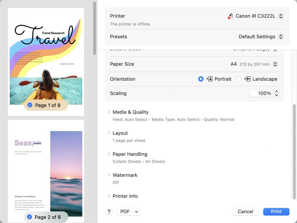 define page settings print updf mac