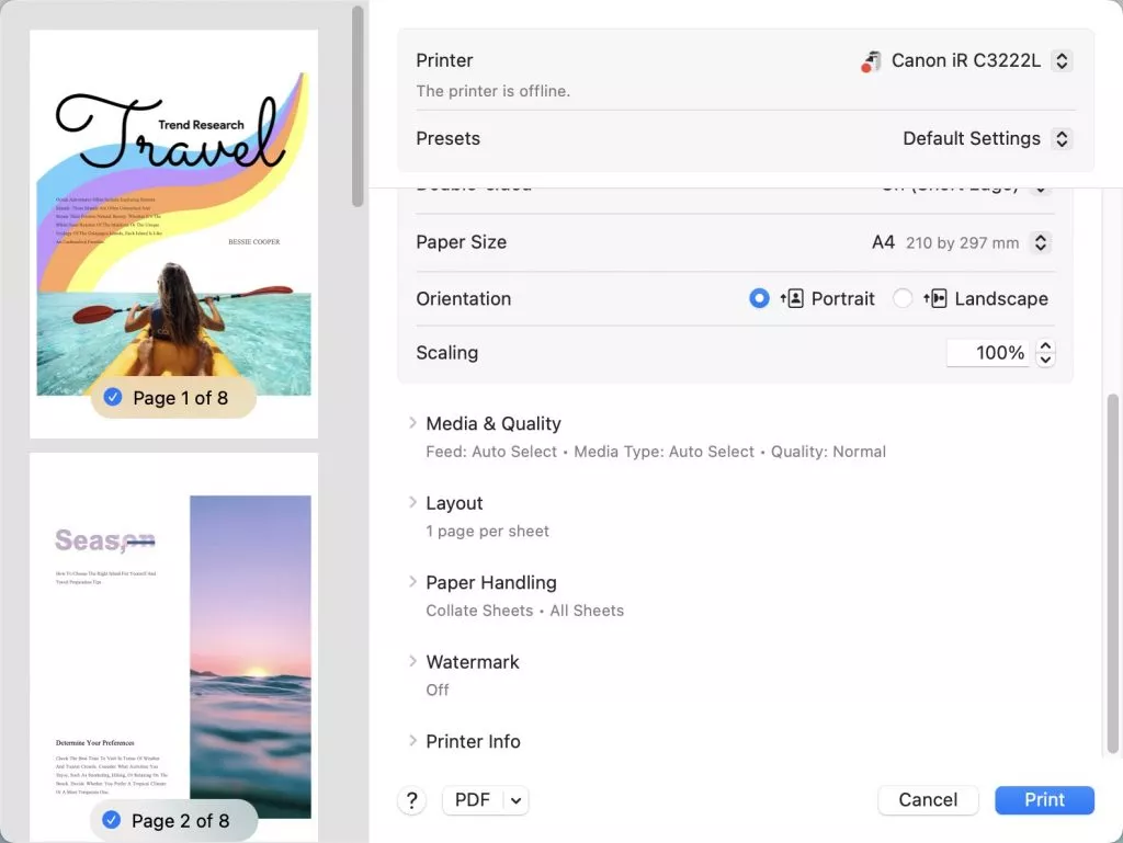 define page settings print updf mac