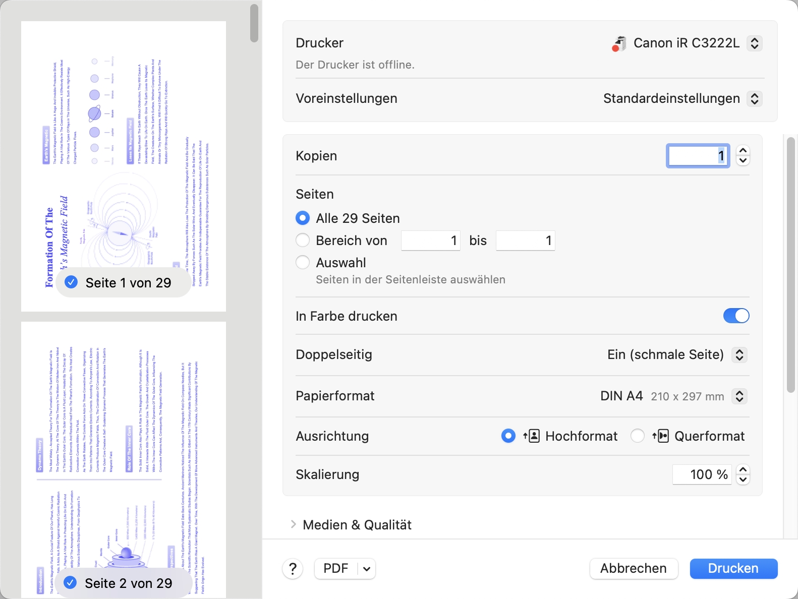 Seiteneinstellungen festlegen Drucken PDF Mac