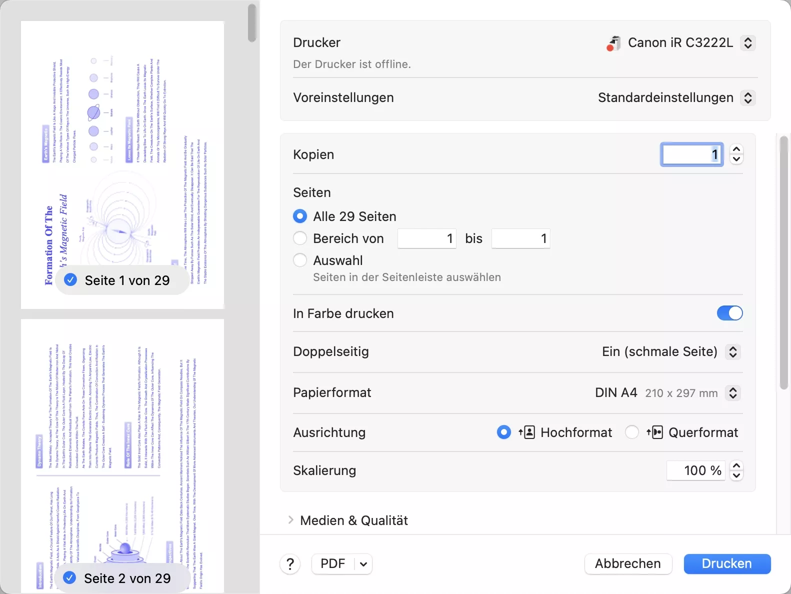 Seiteneinstellungen festlegen Drucken PDF Mac