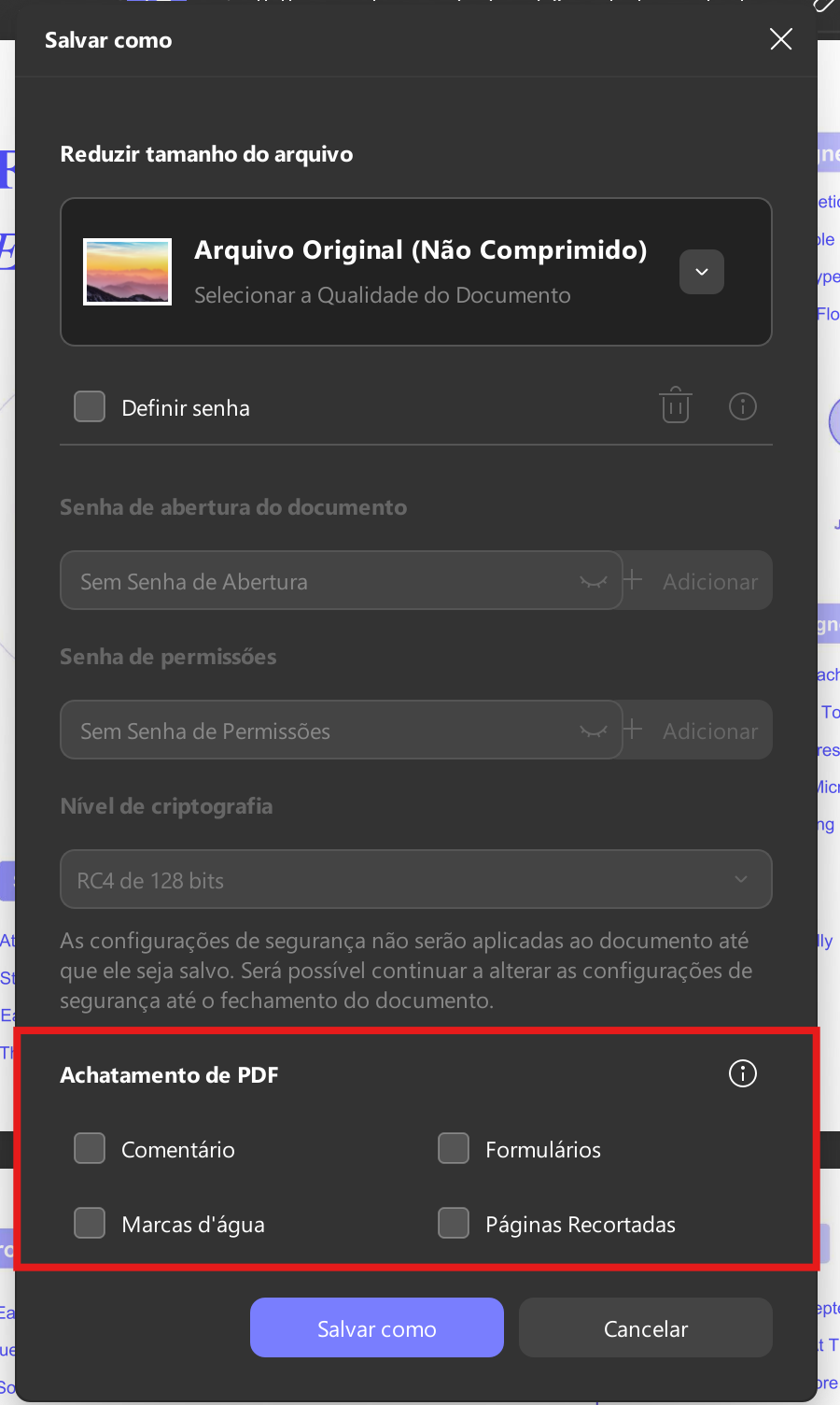 definir configurações de pdf achatado updf windows 