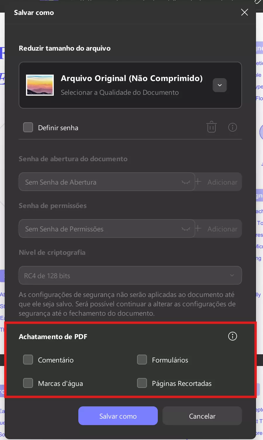 definir configurações de pdf achatado updf windows 