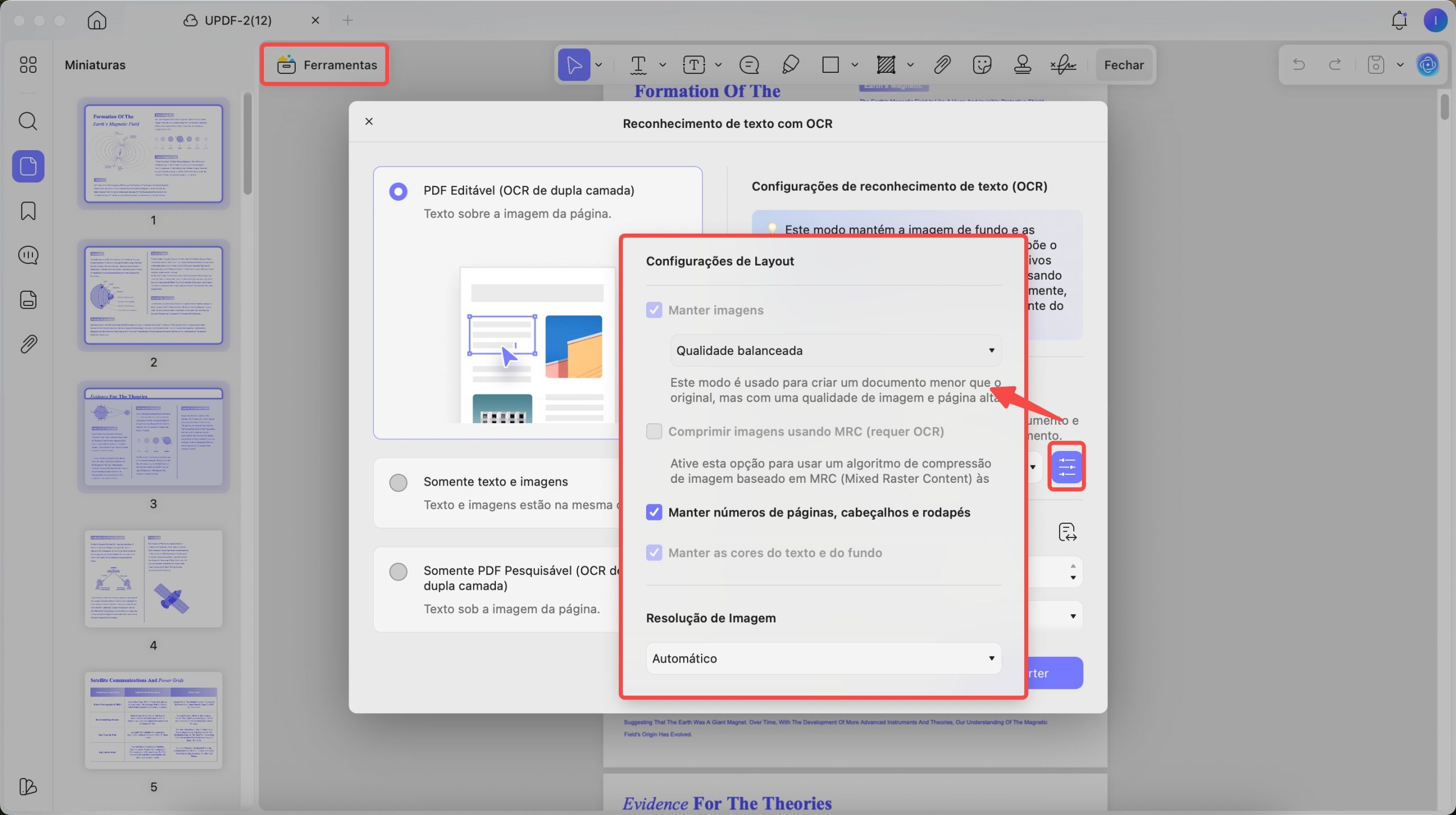 definir configurações de PDF OCR editáveis ​​updf mac
