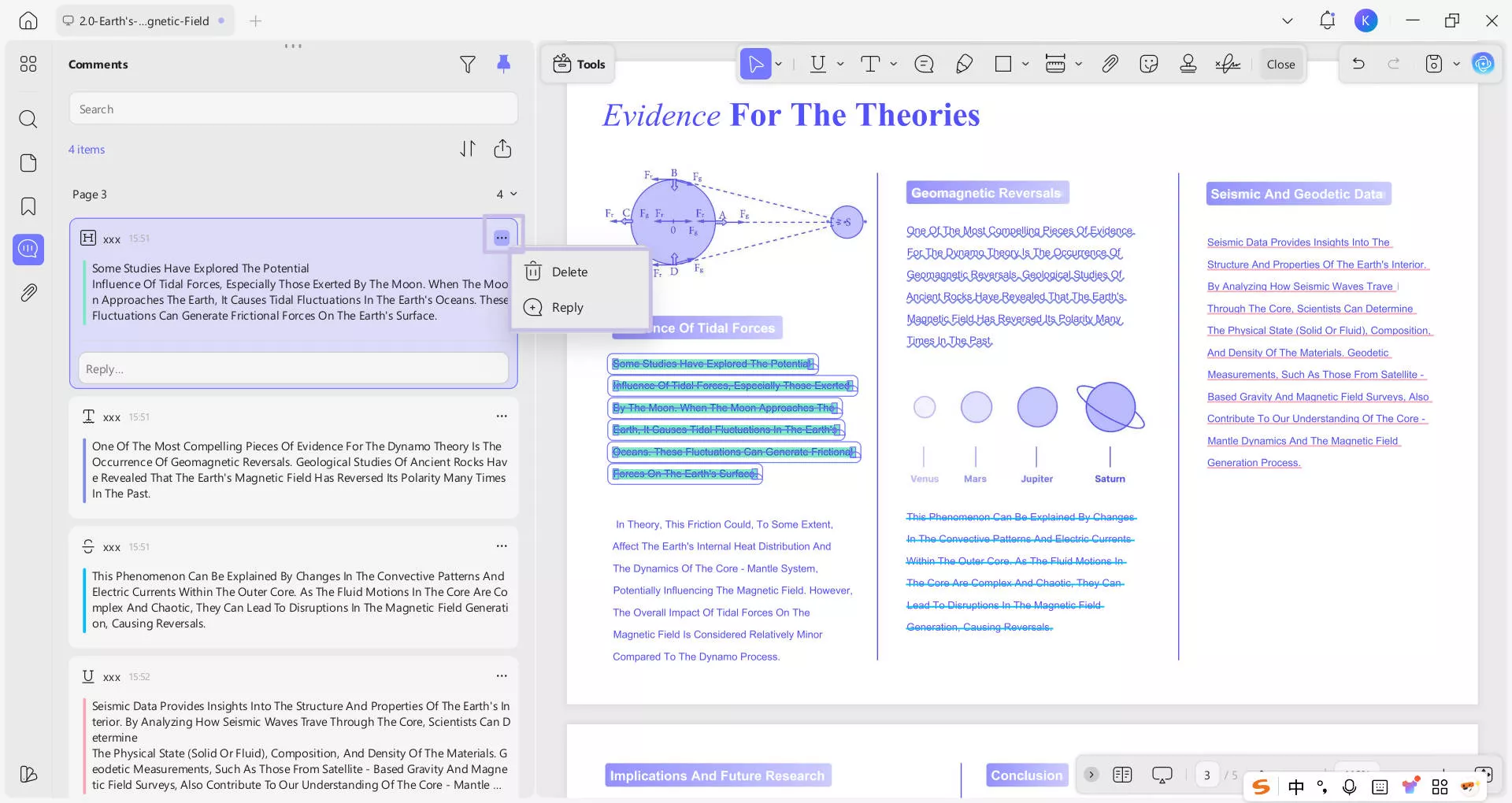 delete or reply to comment