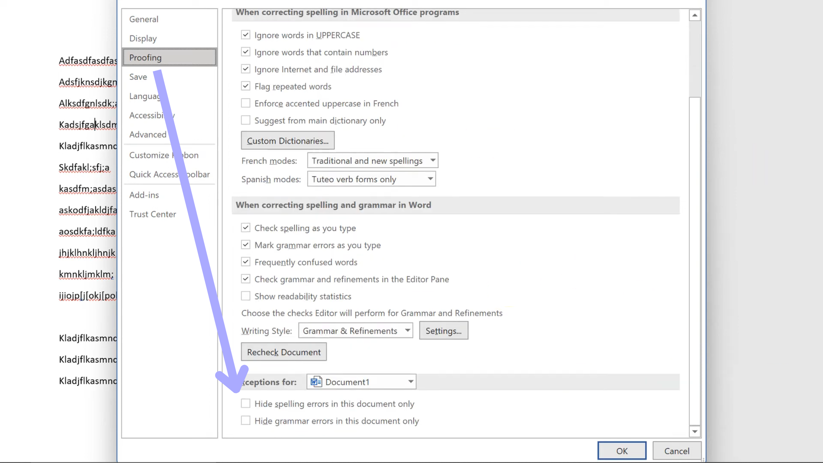 disable hide spelling errors in this document only word
