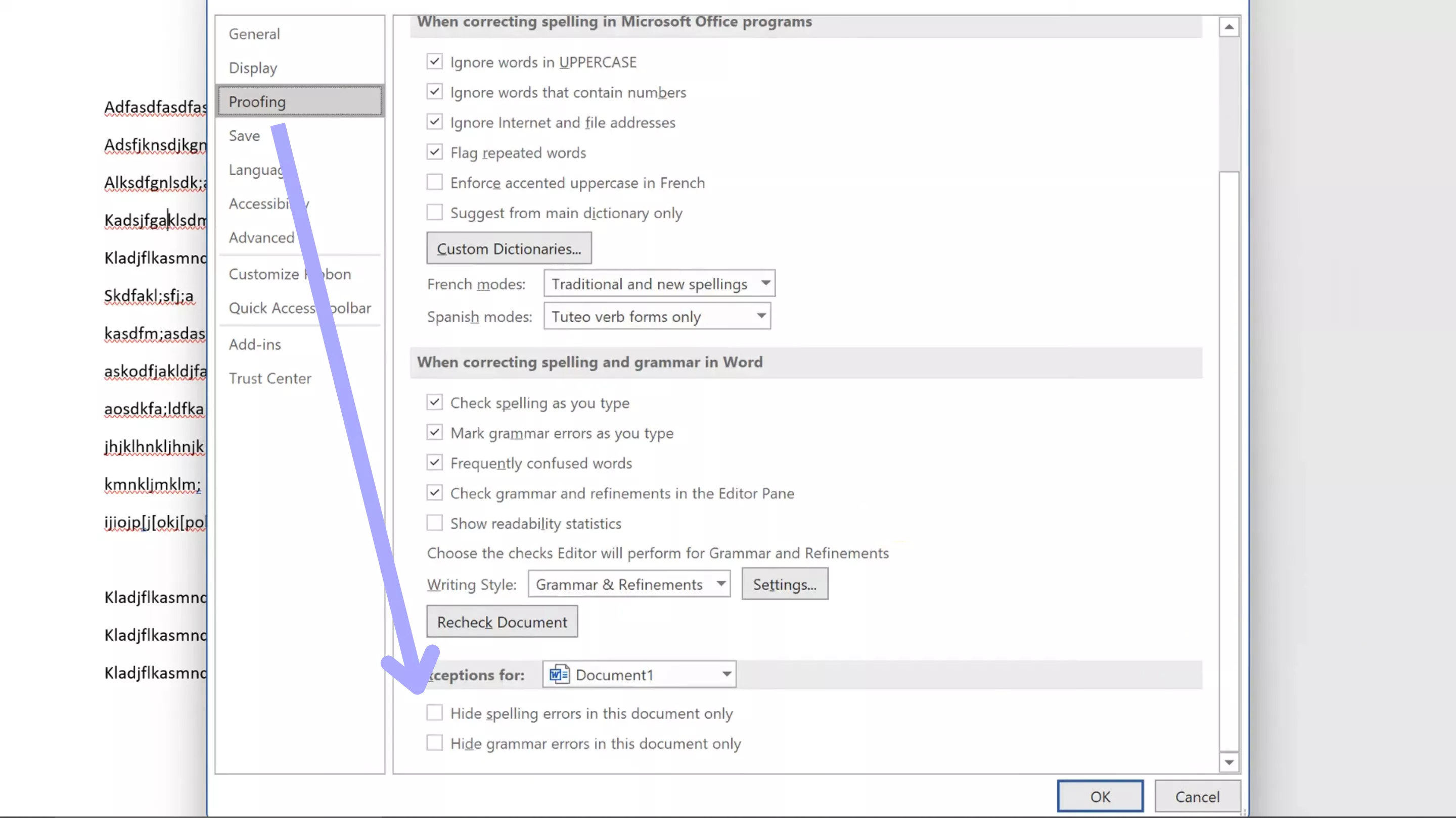 disable hide spelling errors in this document only word