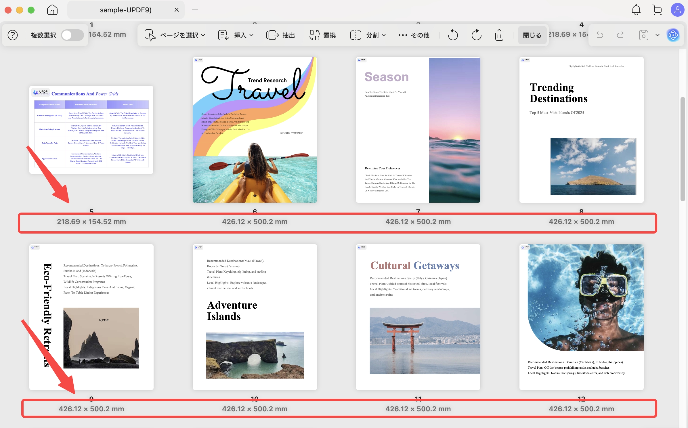 各PDFページのページサイズが表示される