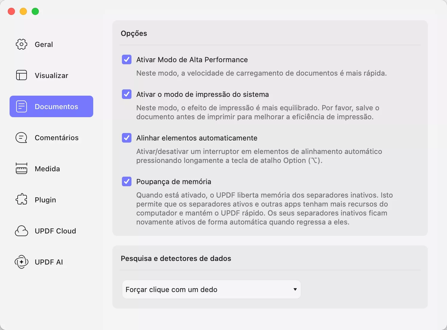 preferências de documento updf mac