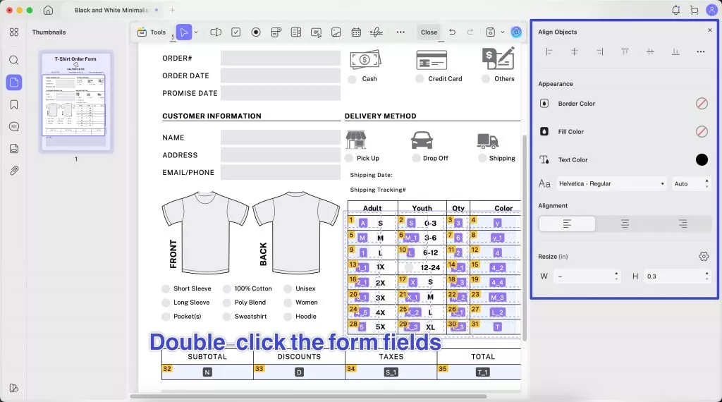 double click the form fields to change form properties