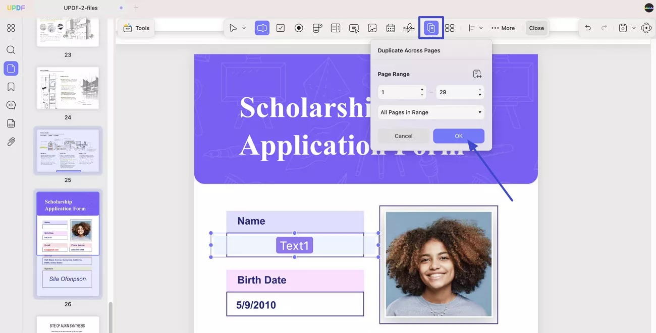 duplicate fields across specific pages updf mac