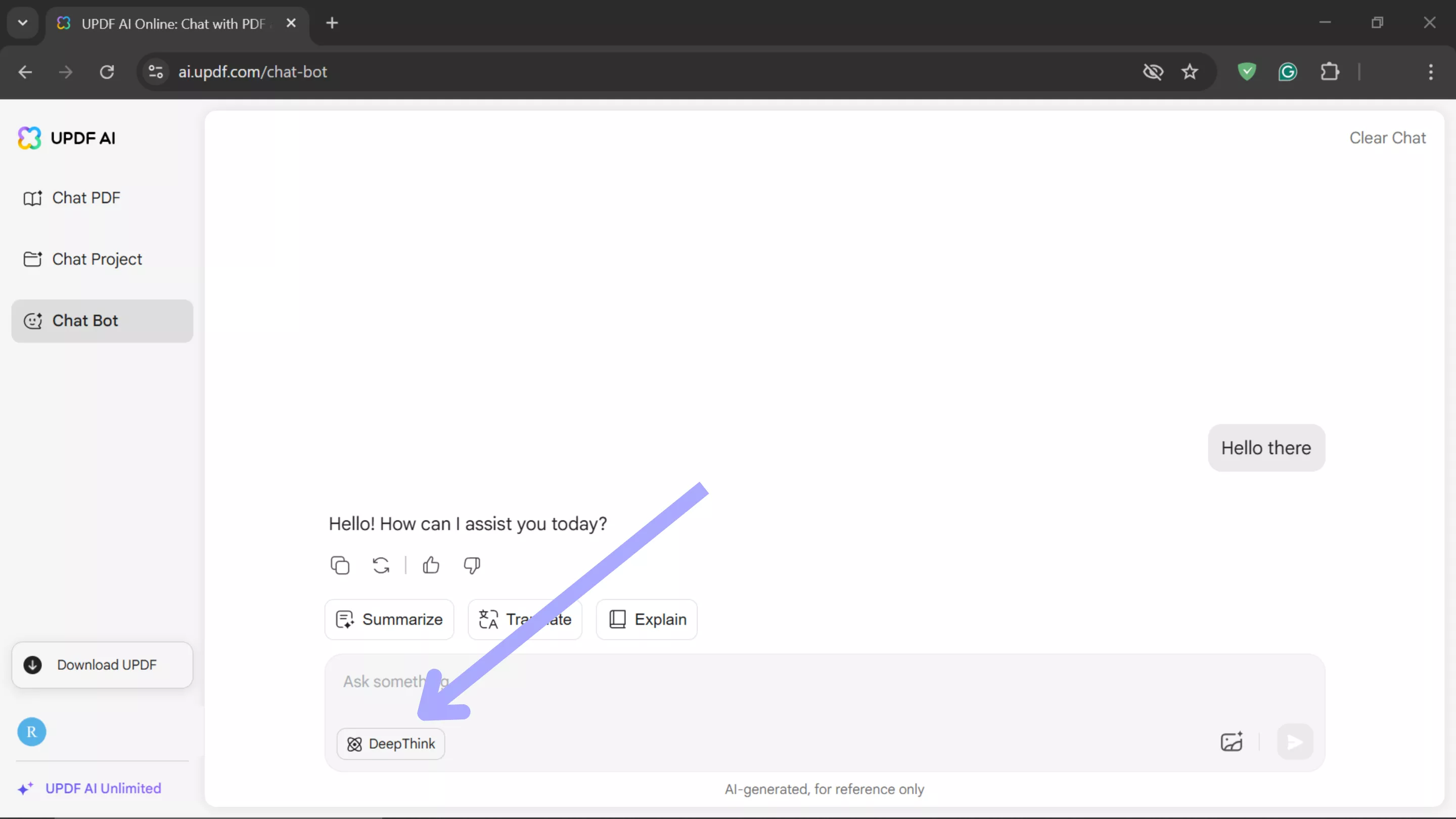 enable deepthink mode updf ai online