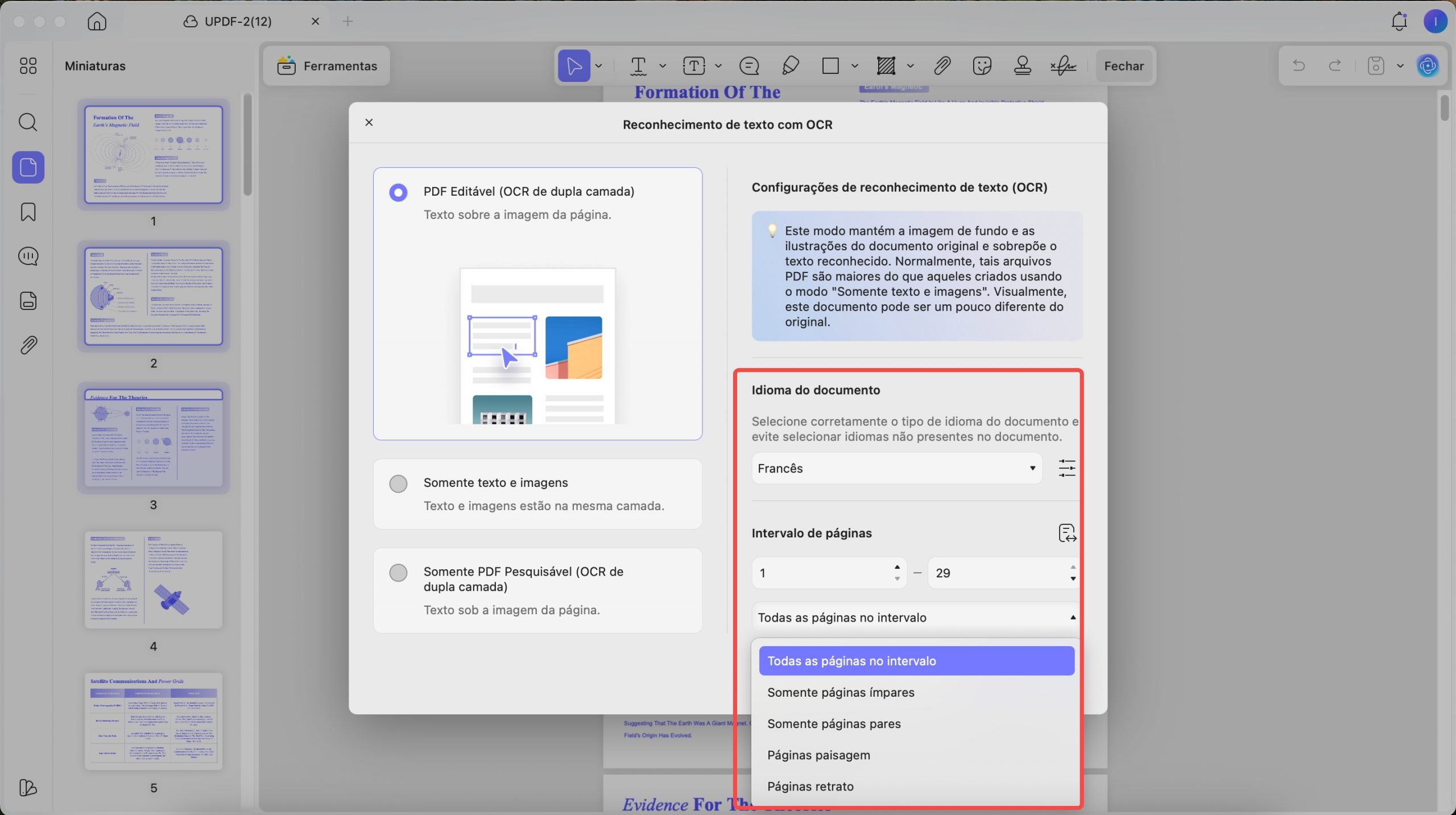 escolha o idioma e outras configurações para ocr updf mac