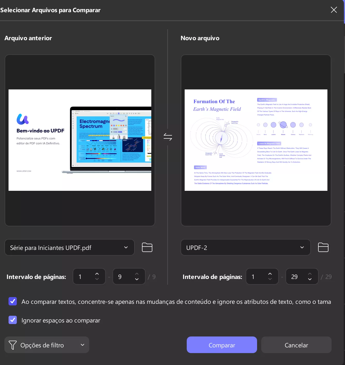 escolha o intervalo de páginas para comparar updf windows