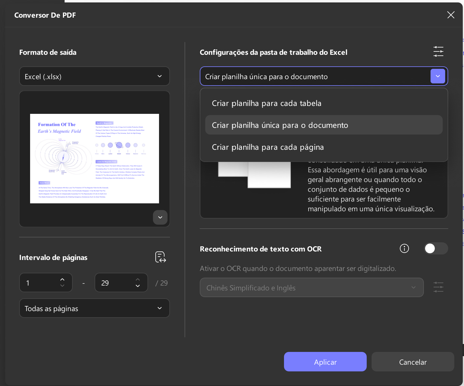 selecione as configurações da pasta de trabalho do Excel updf windows 