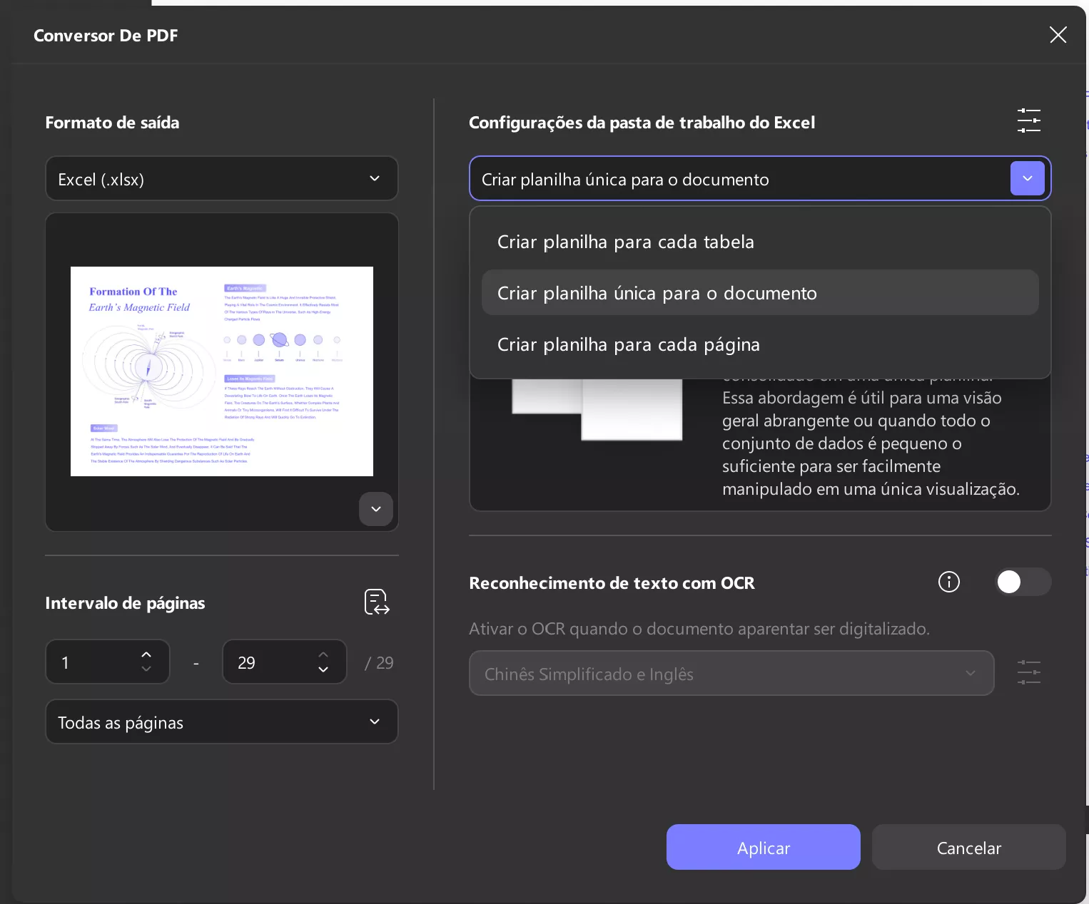 selecione as configurações da pasta de trabalho do Excel updf windows