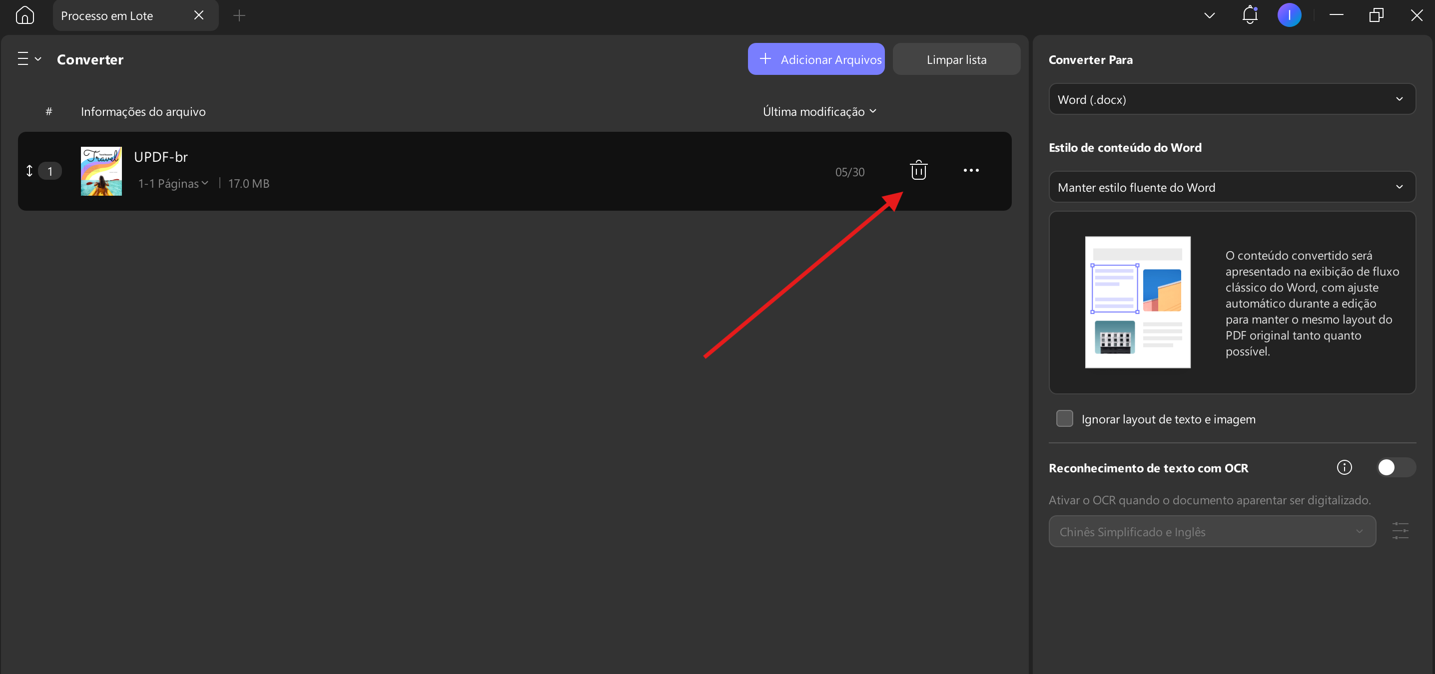 remover arquivo através do ícone da lixeira conversão em lote do Windows 