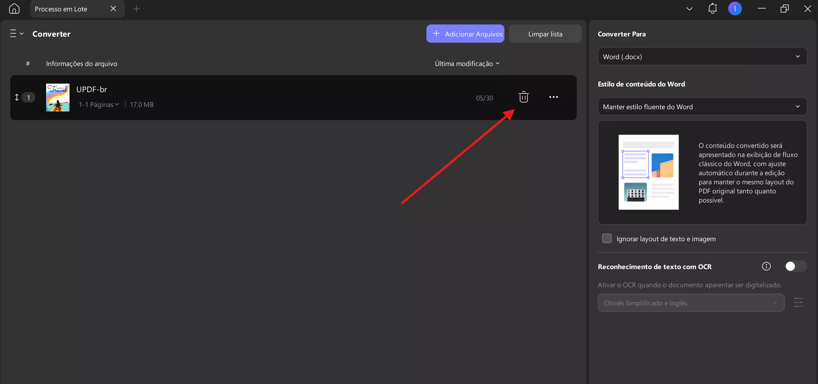 remover arquivo através do ícone da lixeira conversão em lote do Windows