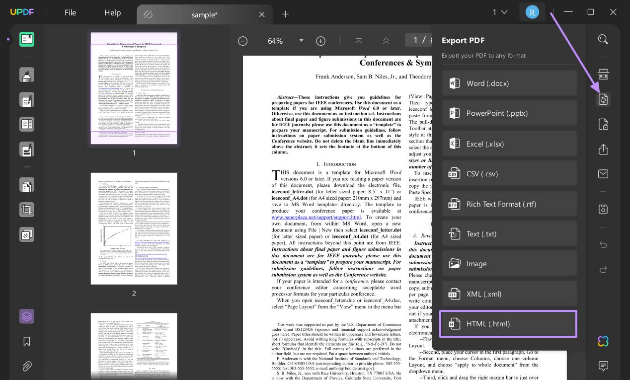 export pdf to html updf windows