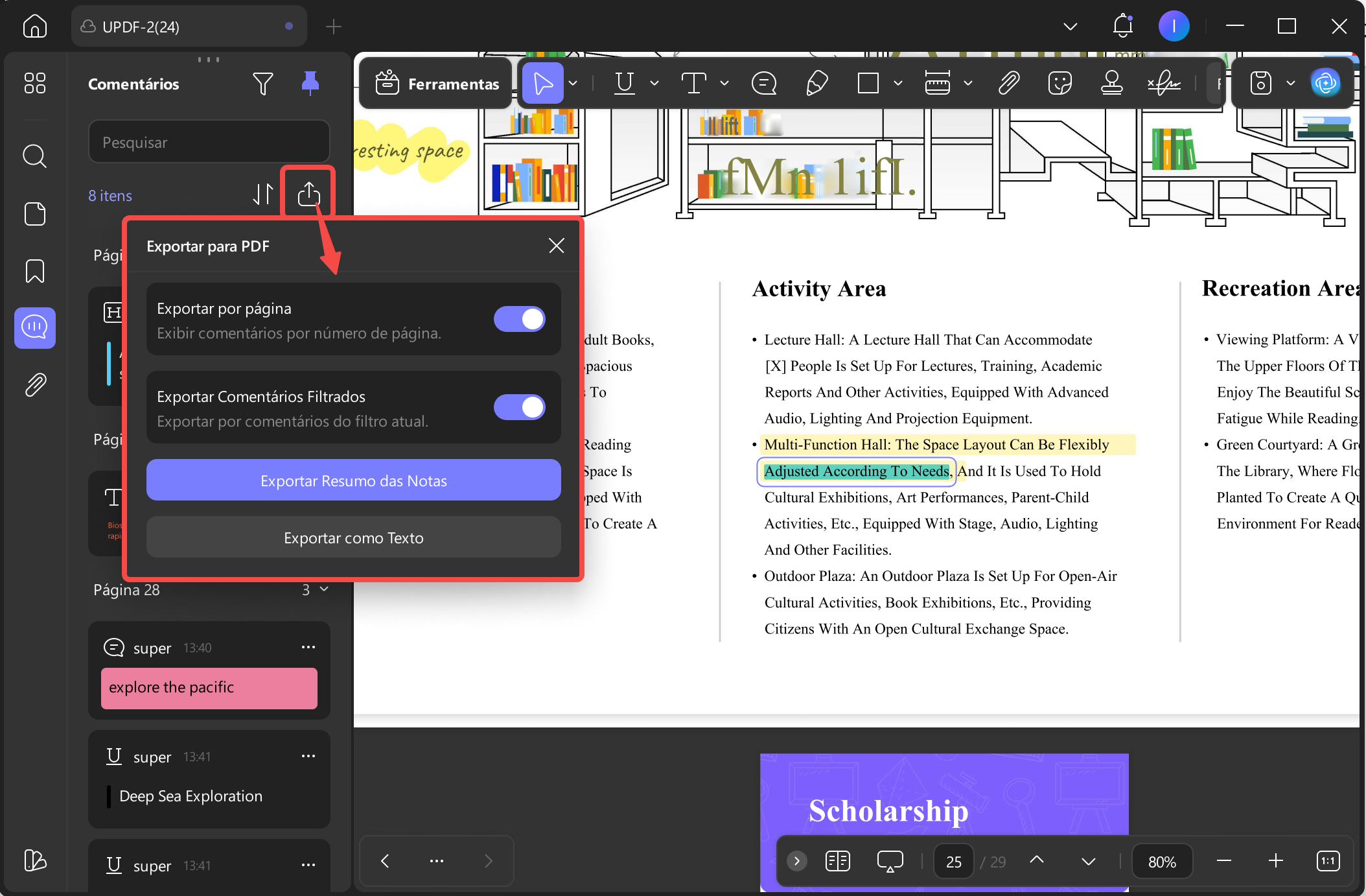 exportar comentário para pdf