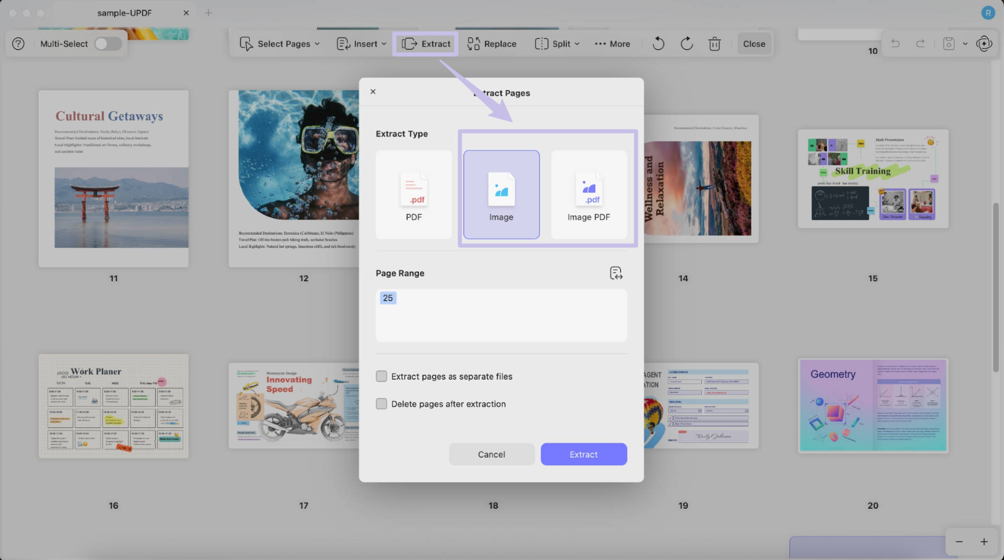 Extract pages as image files or image based PDF