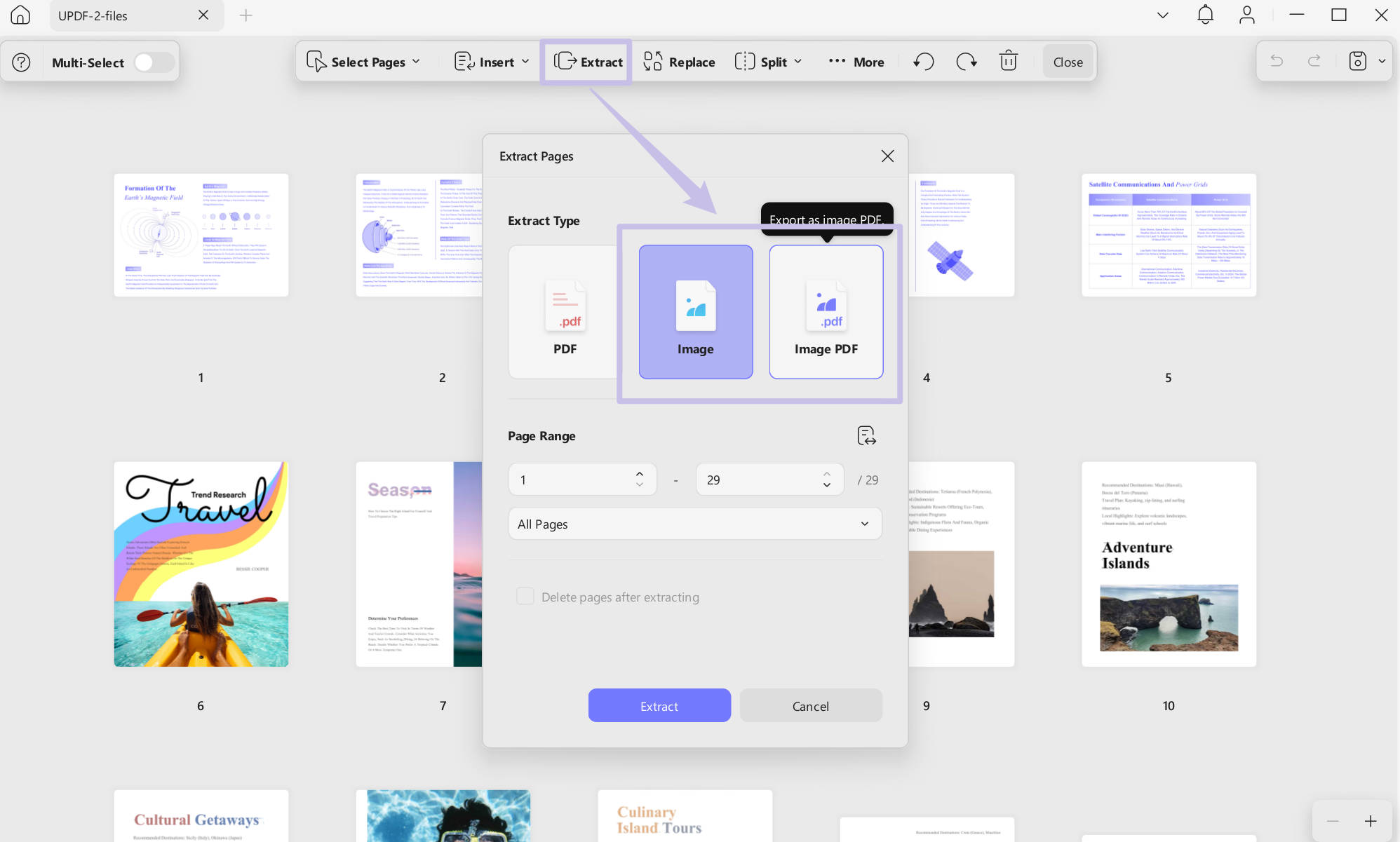 Extract pages as image files or image based PDF