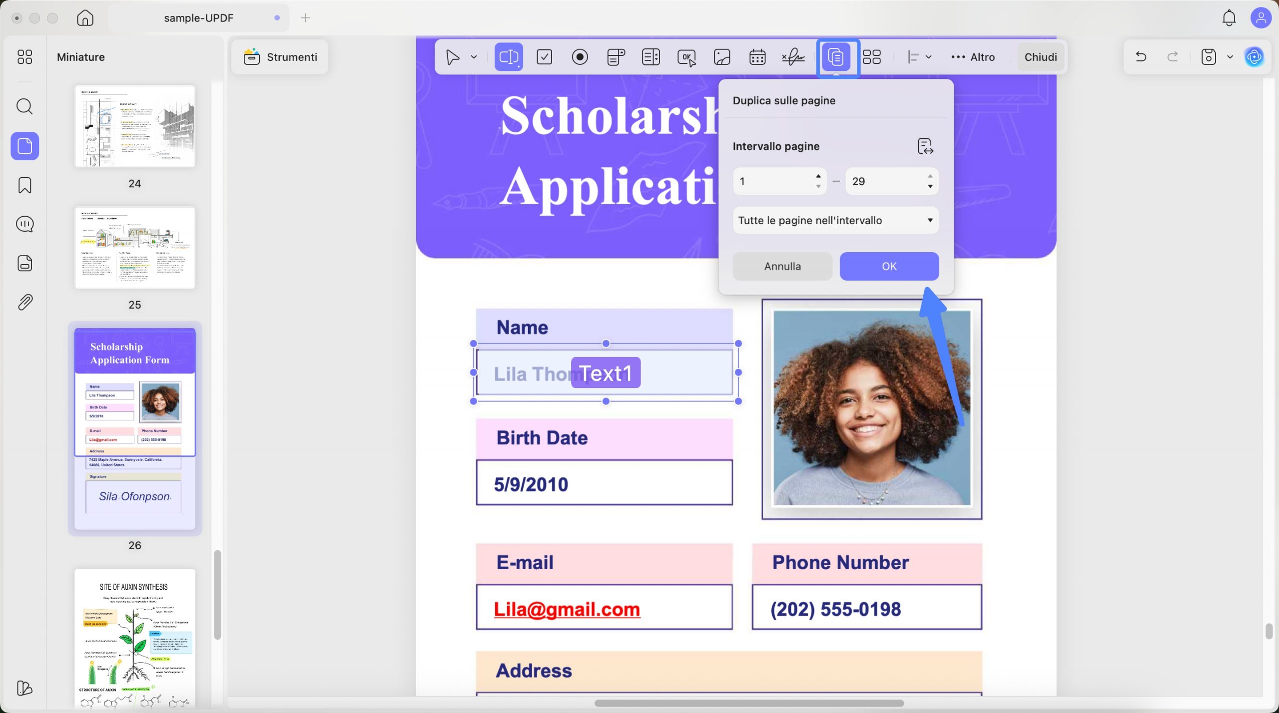 duplicate fields across specific pages updf mac