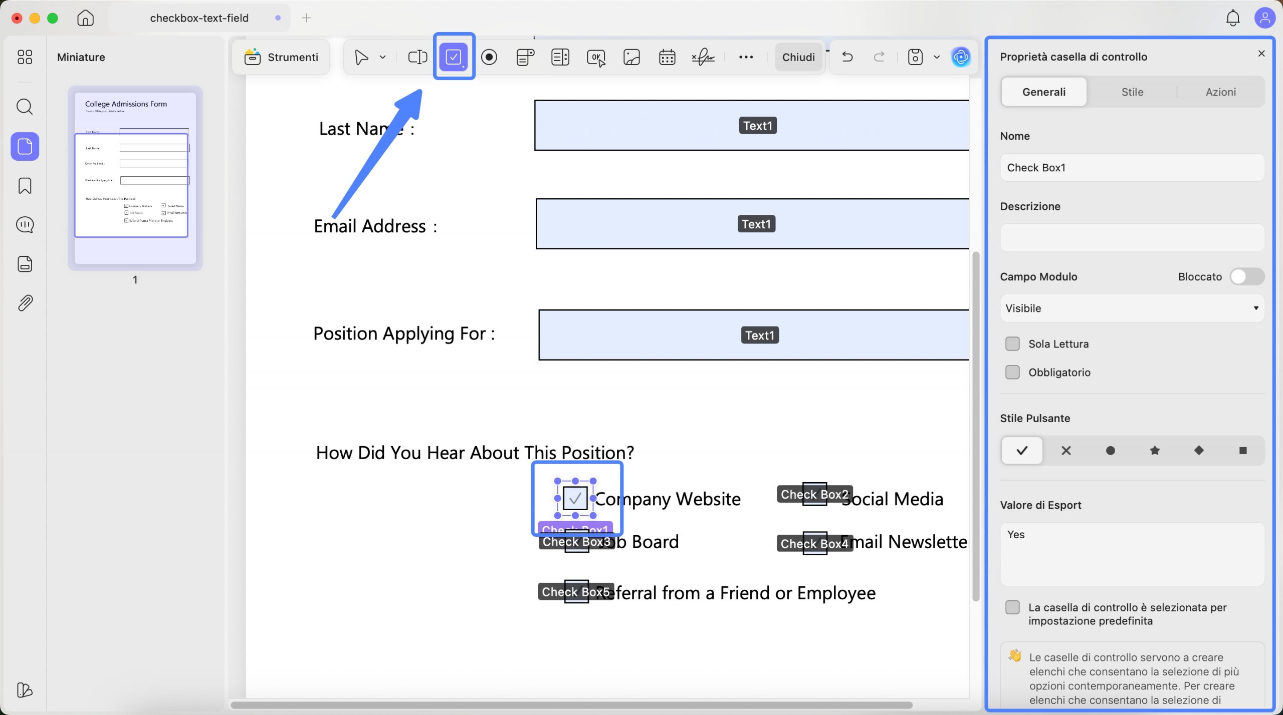 insert checkbox to pdf form updf mac