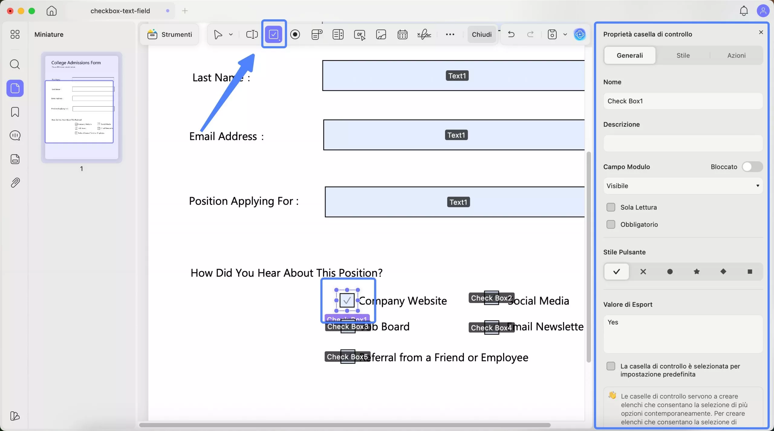 insert checkbox to pdf form updf mac