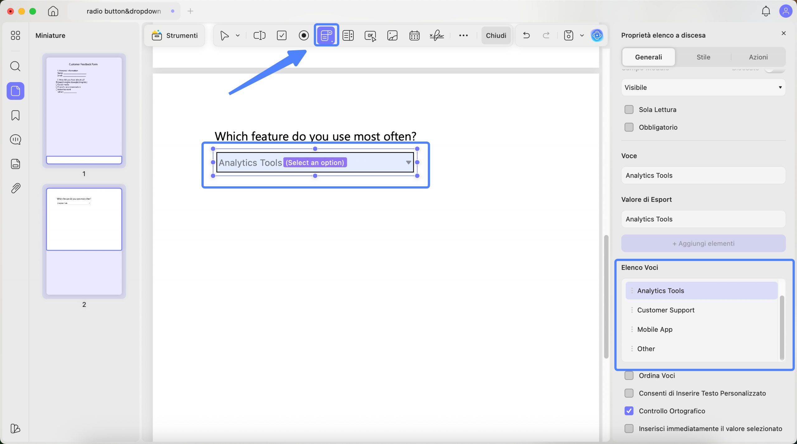 create dropdown menu in form updf mac