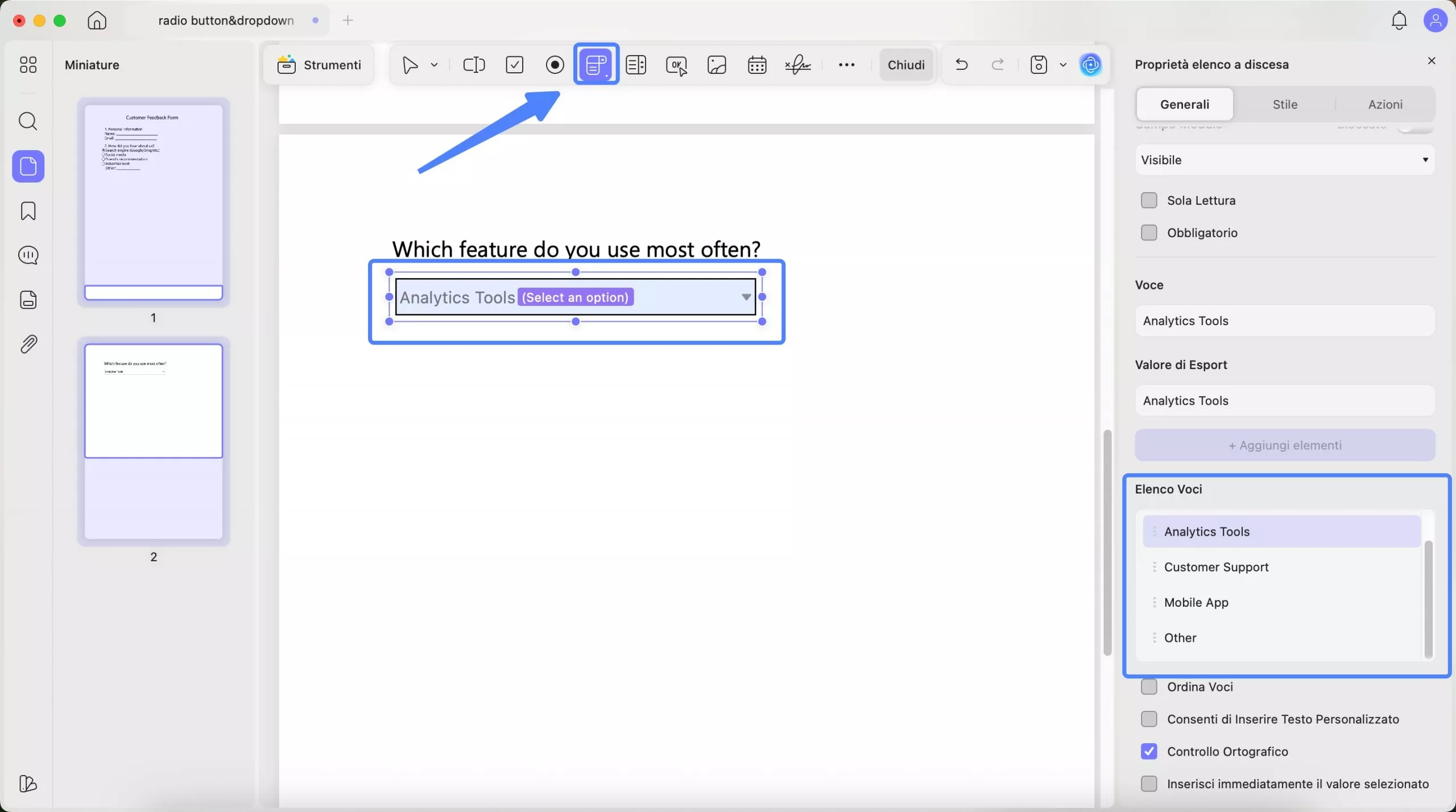 create dropdown menu in form updf mac