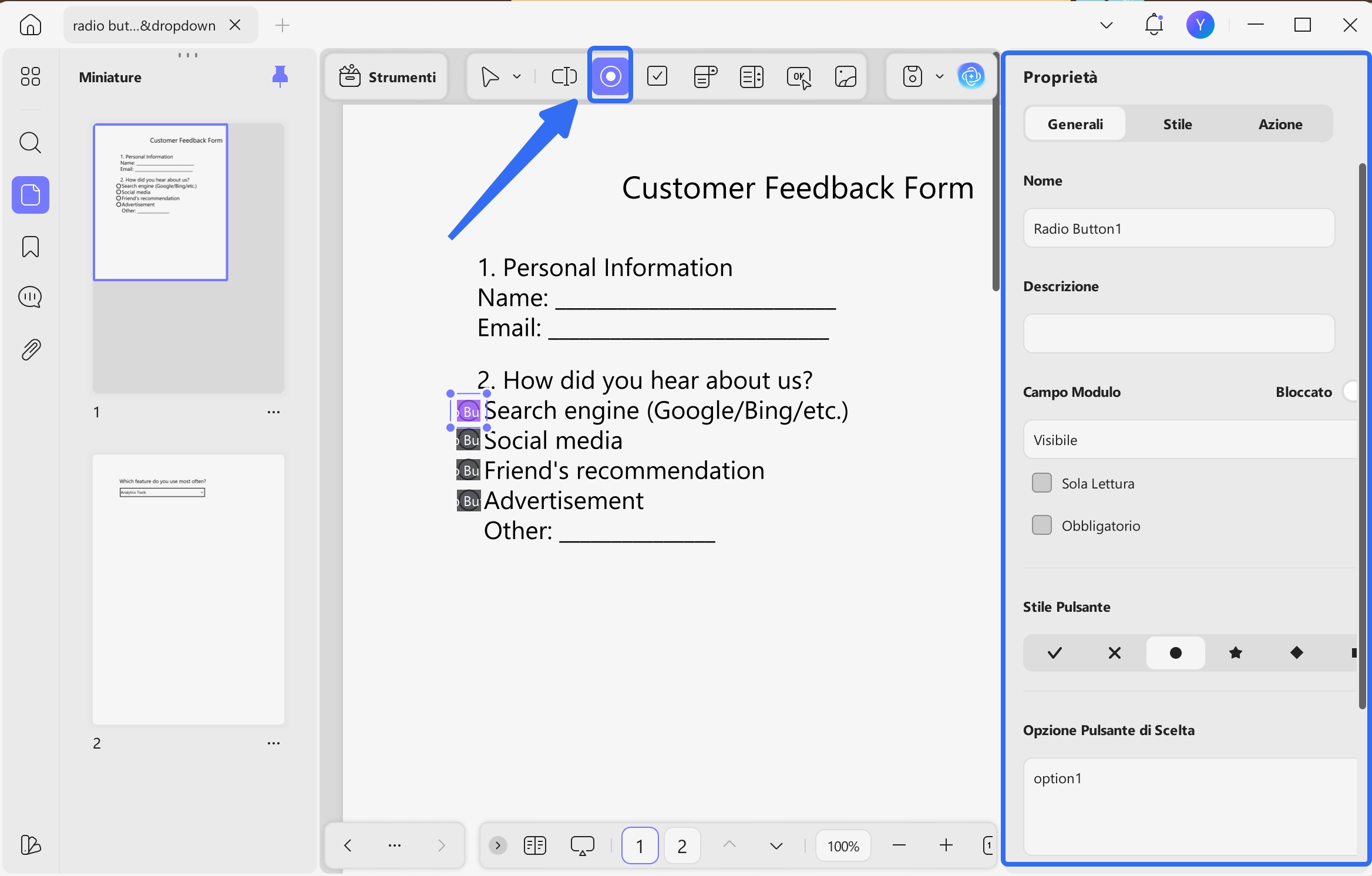 add the radio button updf windows 2