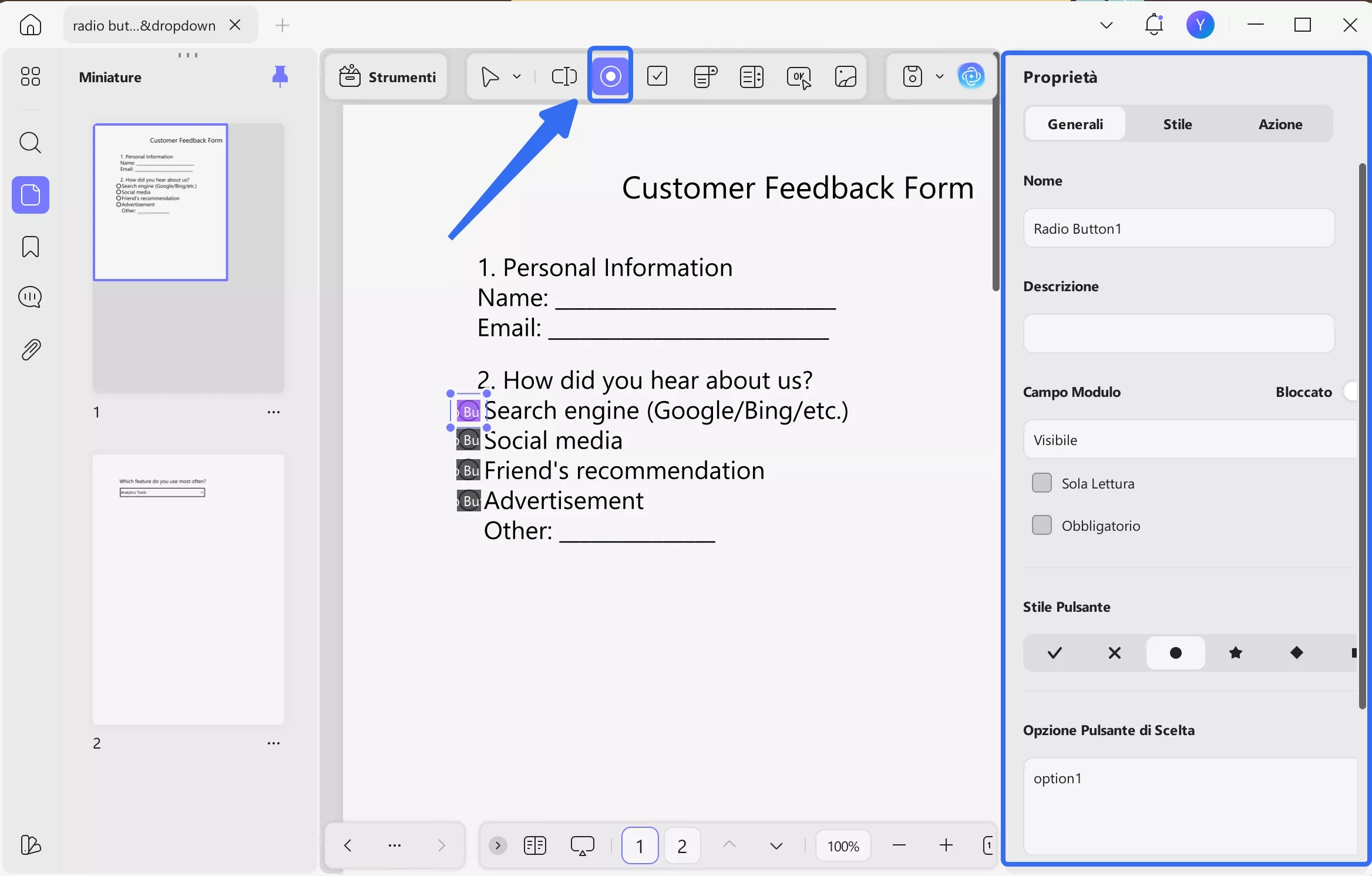 add the radio button updf windows 2