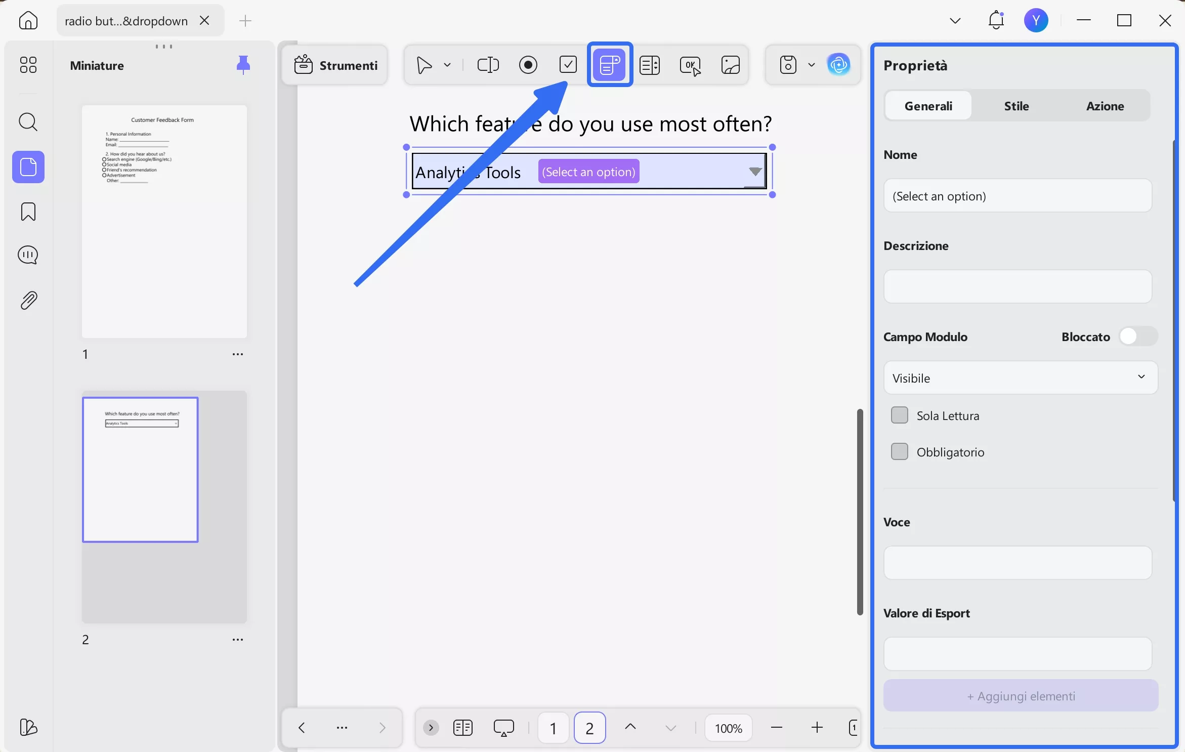 insert the dropdown menu updf windows 2