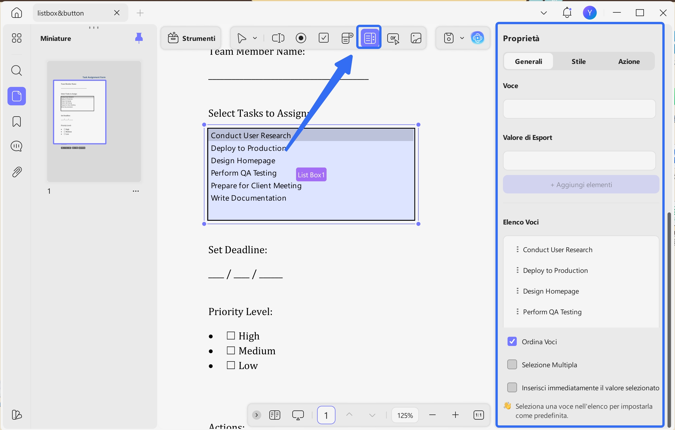 add the list box in form updf windows 2