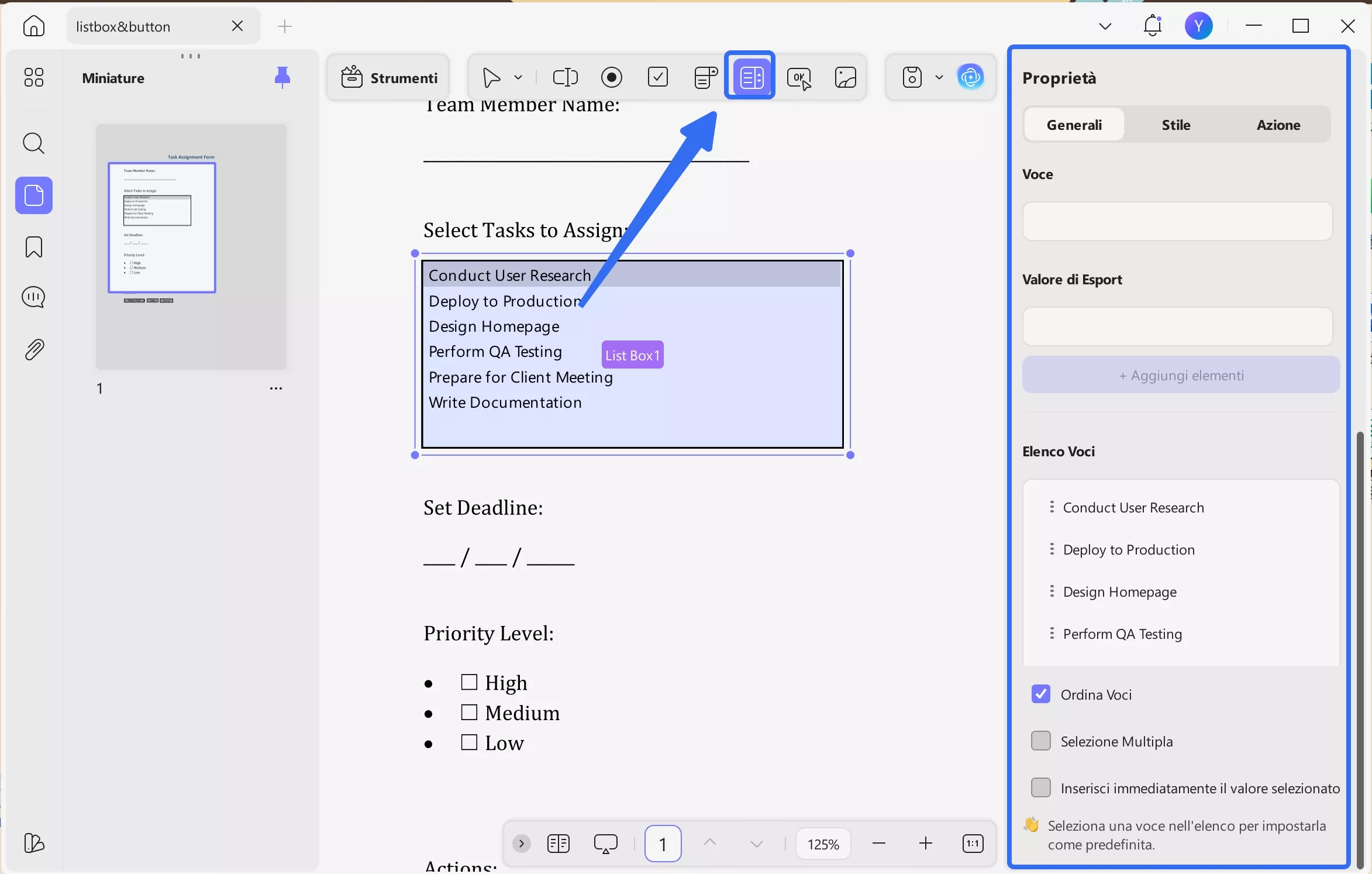 add the list box in form updf windows 2