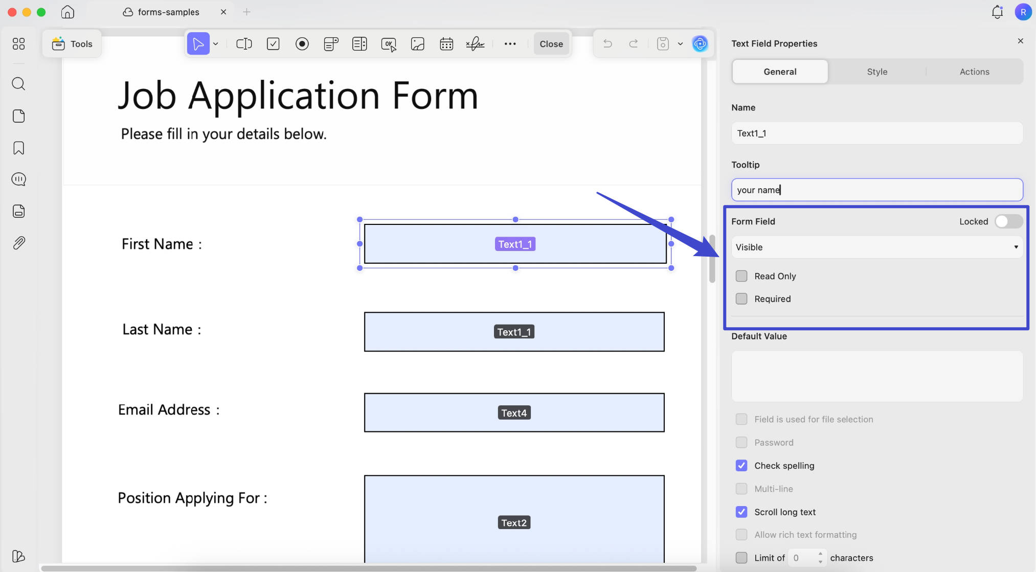 form field settings updf mac