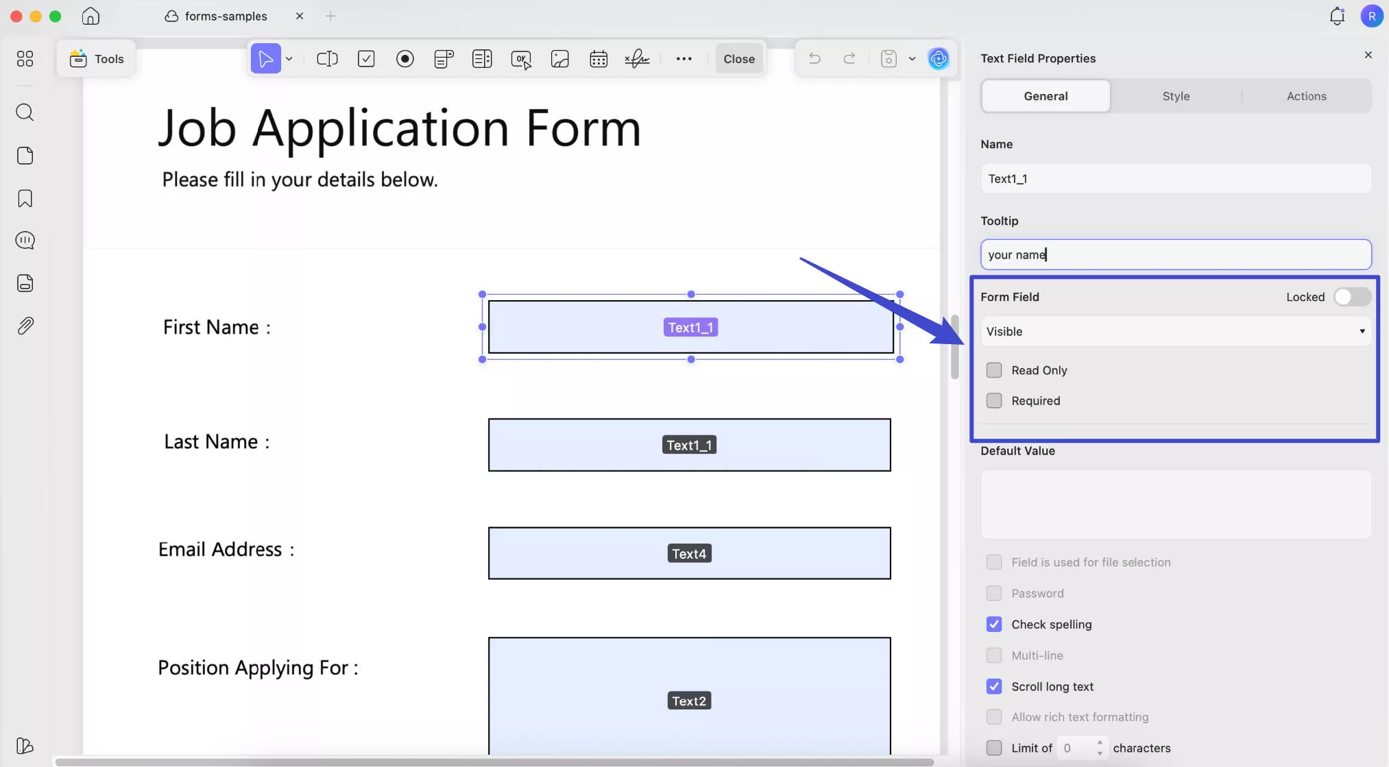 form field settings updf mac