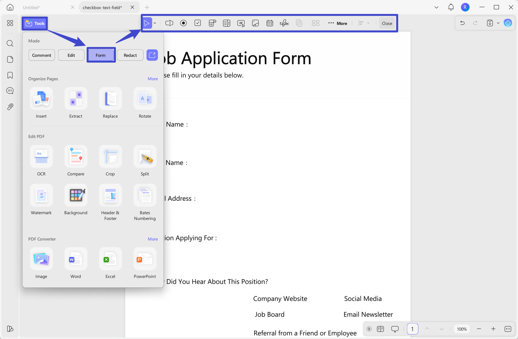 Form feature found in the tools UPDF windows
