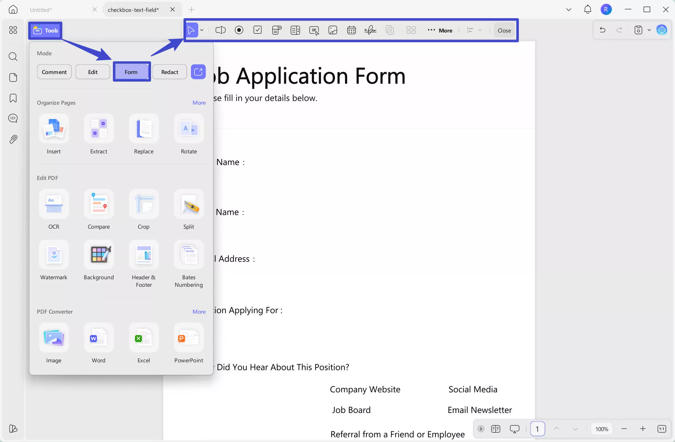 Form feature found in the tools UPDF windows